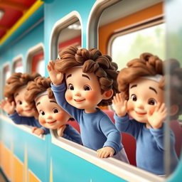 A 3D animated scene featuring several curly-haired baby boys, joyfully standing together and waving from the window of a colorful train
