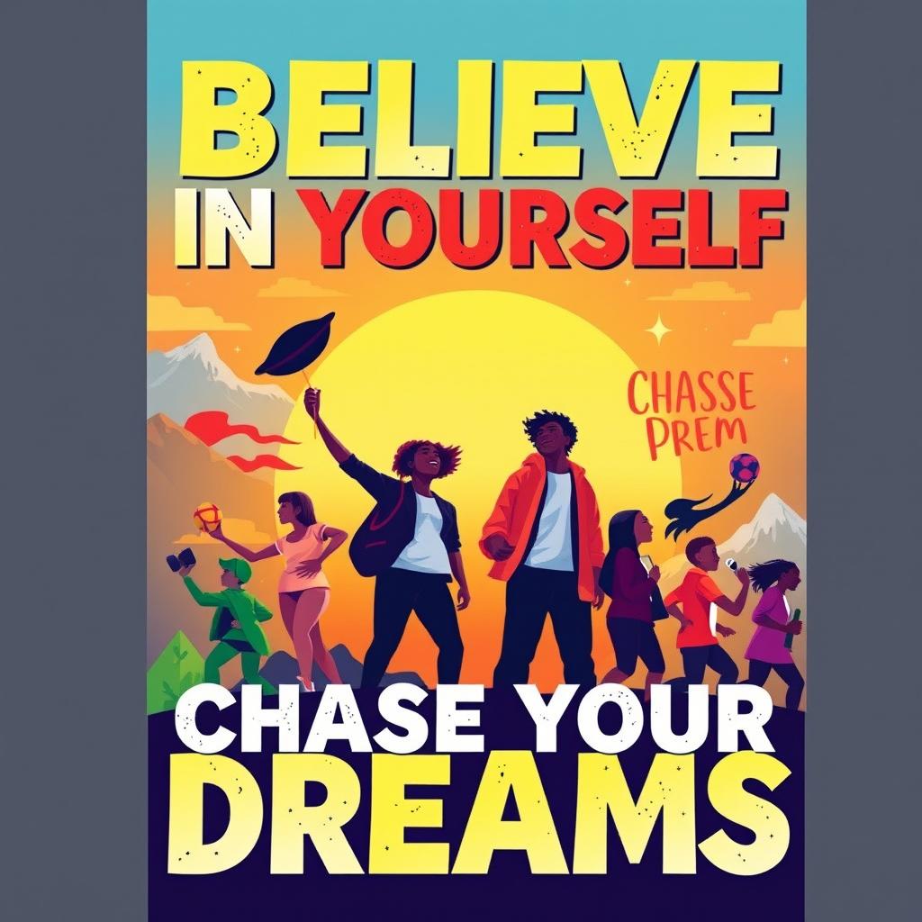 An inspiring motivational poster for youth featuring vibrant colors, dynamic typography displaying empowering quotes like 'Believe in Yourself' and 'Chase Your Dreams'