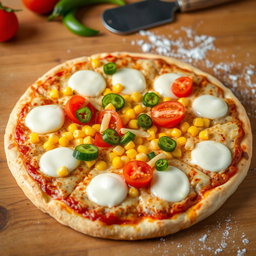 A delicious pizza topped with sweet corn, juicy ripe tomatoes, fresh green capsicum, and generously melted mozzarella cheese