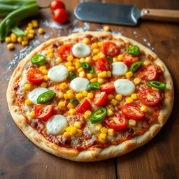 A delicious pizza topped with sweet corn, juicy ripe tomatoes, fresh green capsicum, and generously melted mozzarella cheese