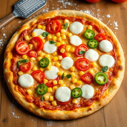A delicious pizza topped with sweet corn, juicy ripe tomatoes, fresh green capsicum, and generously melted mozzarella cheese