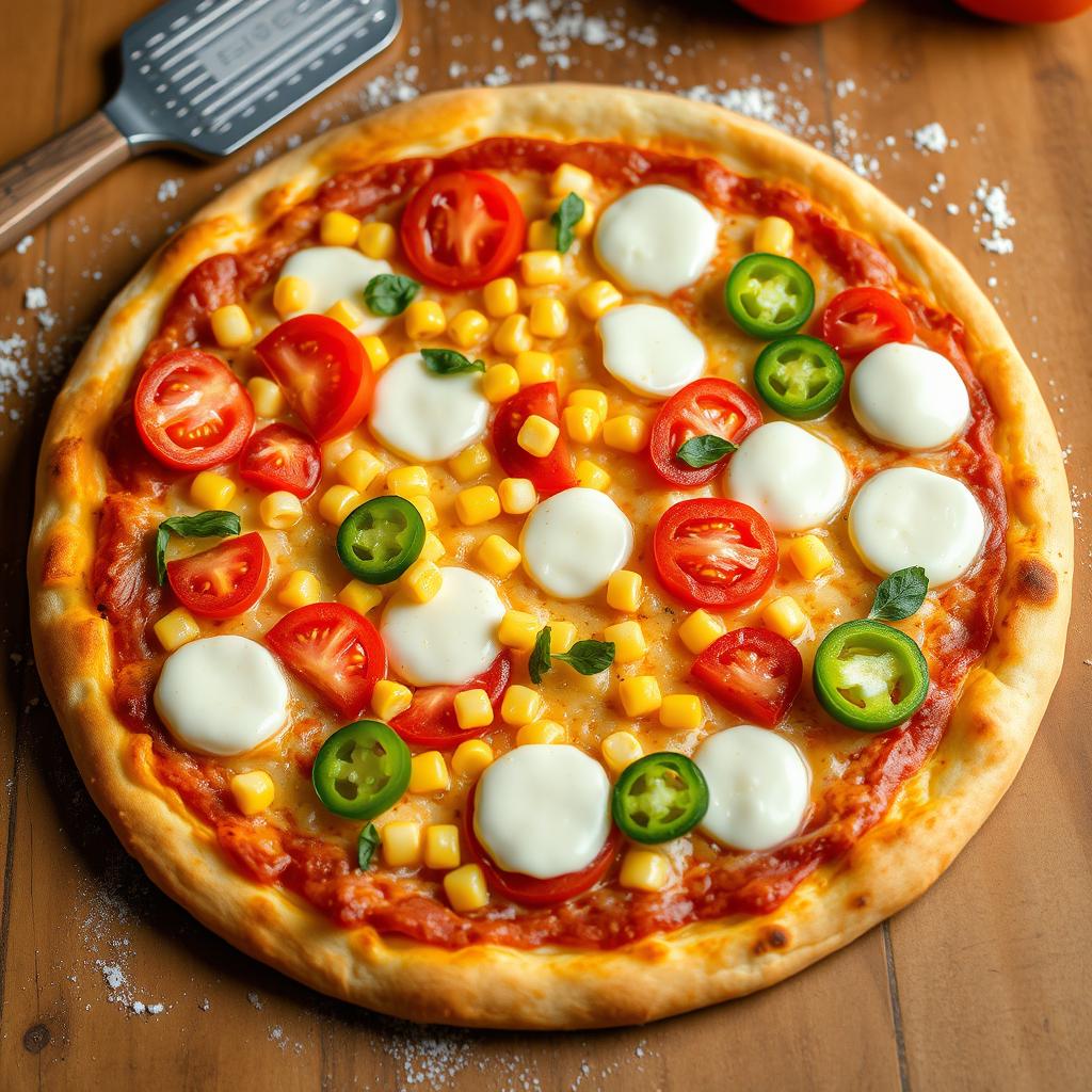 A delicious pizza topped with sweet corn, juicy ripe tomatoes, fresh green capsicum, and generously melted mozzarella cheese