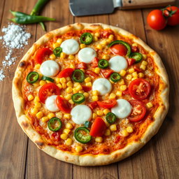 A delicious pizza topped with sweet corn, juicy ripe tomatoes, fresh green capsicum, and generously melted mozzarella cheese