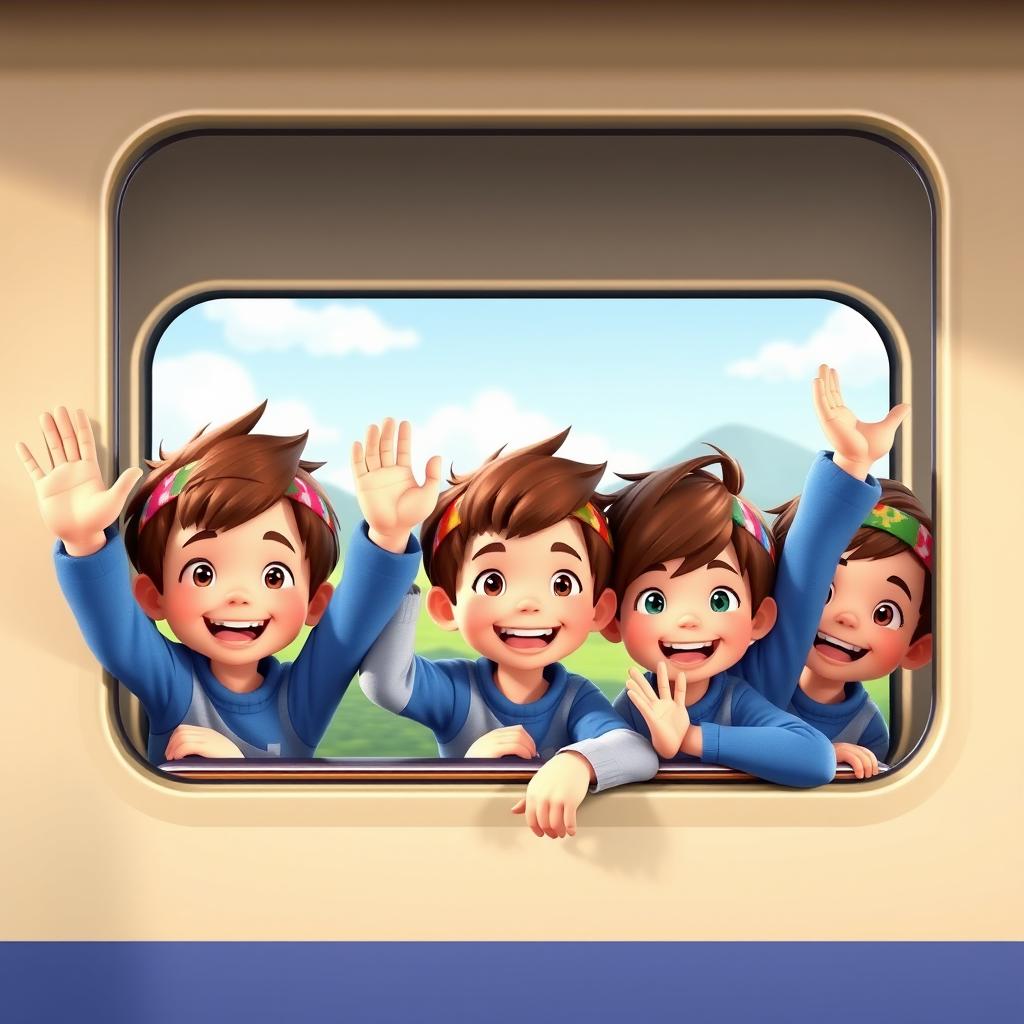 A vibrant 3D illustration featuring several boys standing side by side inside a train
