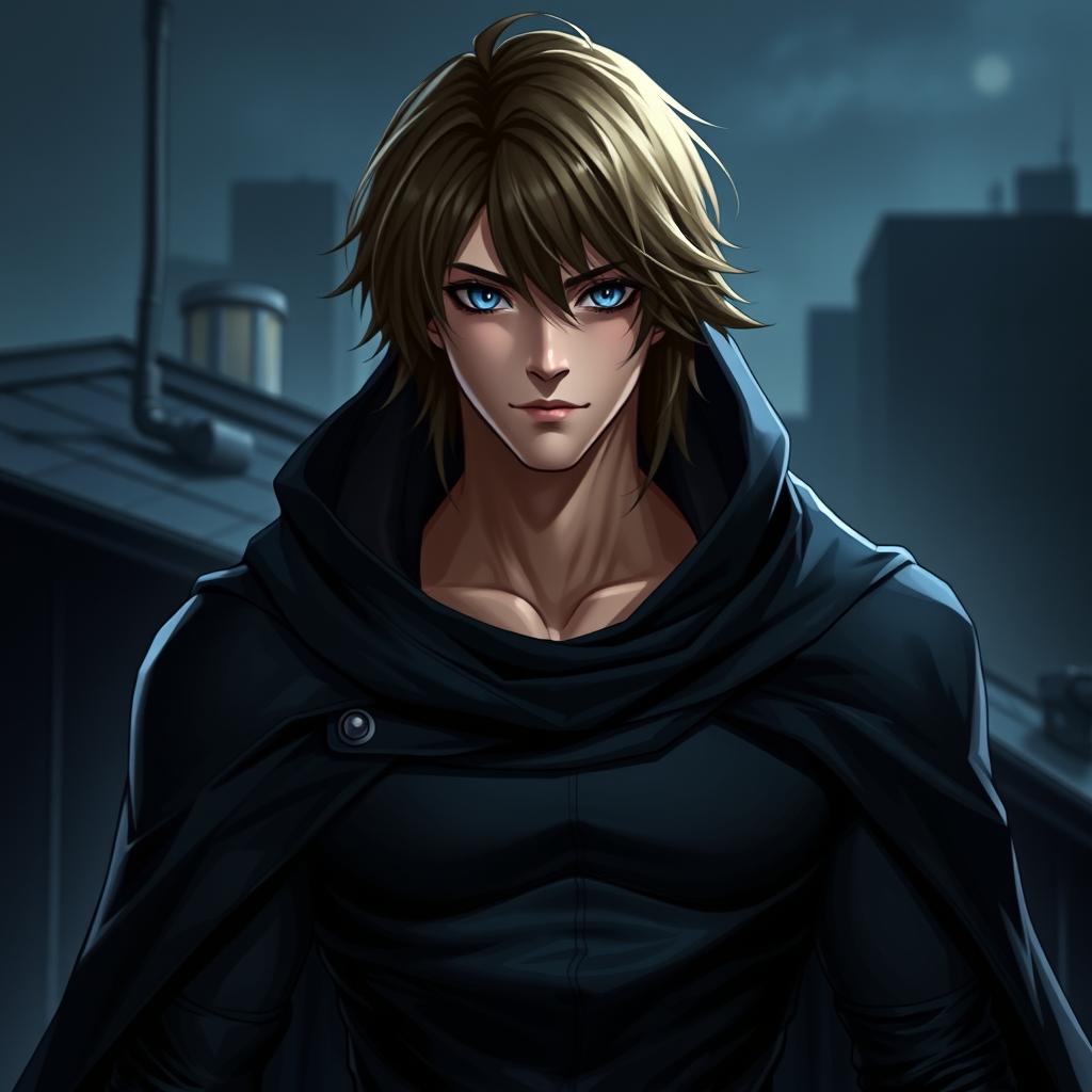 An athletic male human character for a fantasy RPG, featuring striking blue eyes and medium-length brown hair