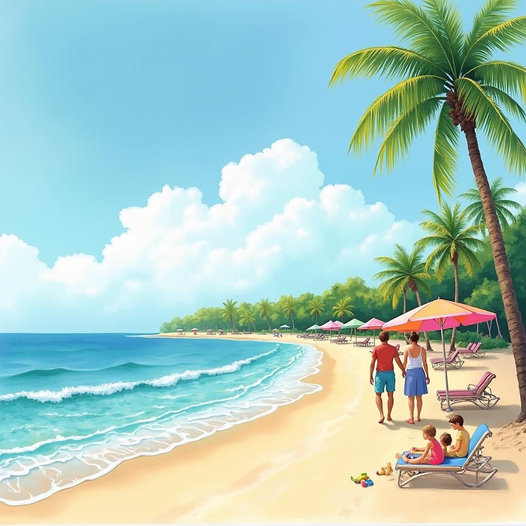 A serene watercolor painting depicting a relaxing holiday at the seaside