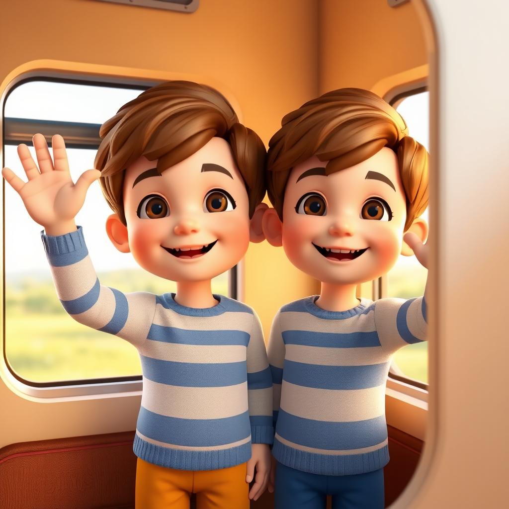 A 3D scene featuring two little boys standing side by side inside a train, waving joyfully from the window