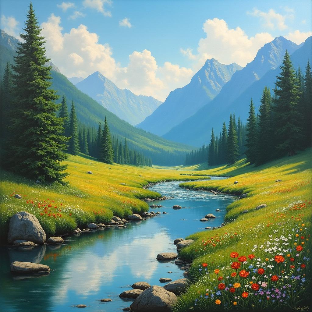 A stunning oil painting depicting a serene natural landscape, featuring lush green forests, a tranquil river flowing through the scene, vibrant wildflowers in various colors dotting the grassy fields, and a clear blue sky with fluffy white clouds