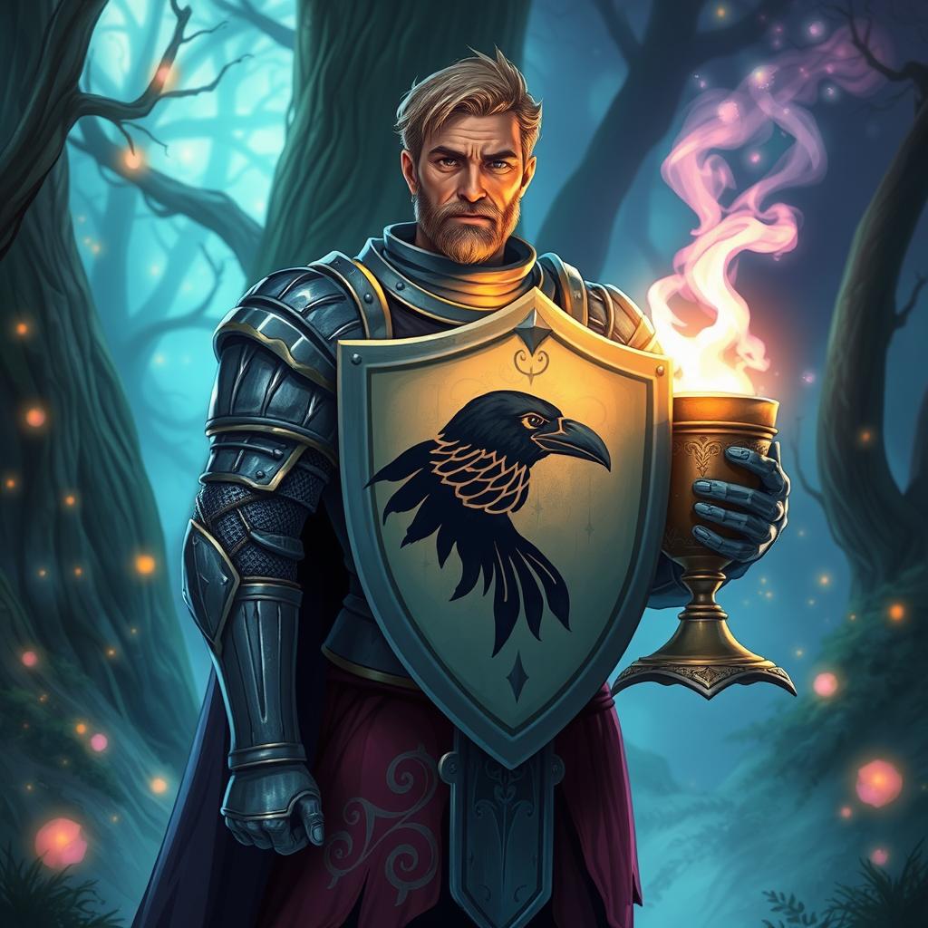 A detailed illustration of a knight standing proudly in front of a magic chalice