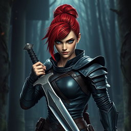A fierce female human character for a fantasy RPG, featuring vibrant red hair styled in a practical updo