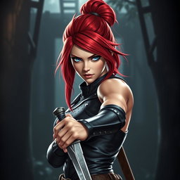 A fierce female human character for a fantasy RPG, featuring vibrant red hair styled in a practical updo