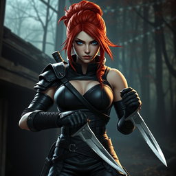 A fierce female human character for a fantasy RPG, featuring vibrant red hair styled in a practical updo