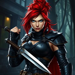 A fierce female human character for a fantasy RPG, featuring vibrant red hair styled in a practical updo