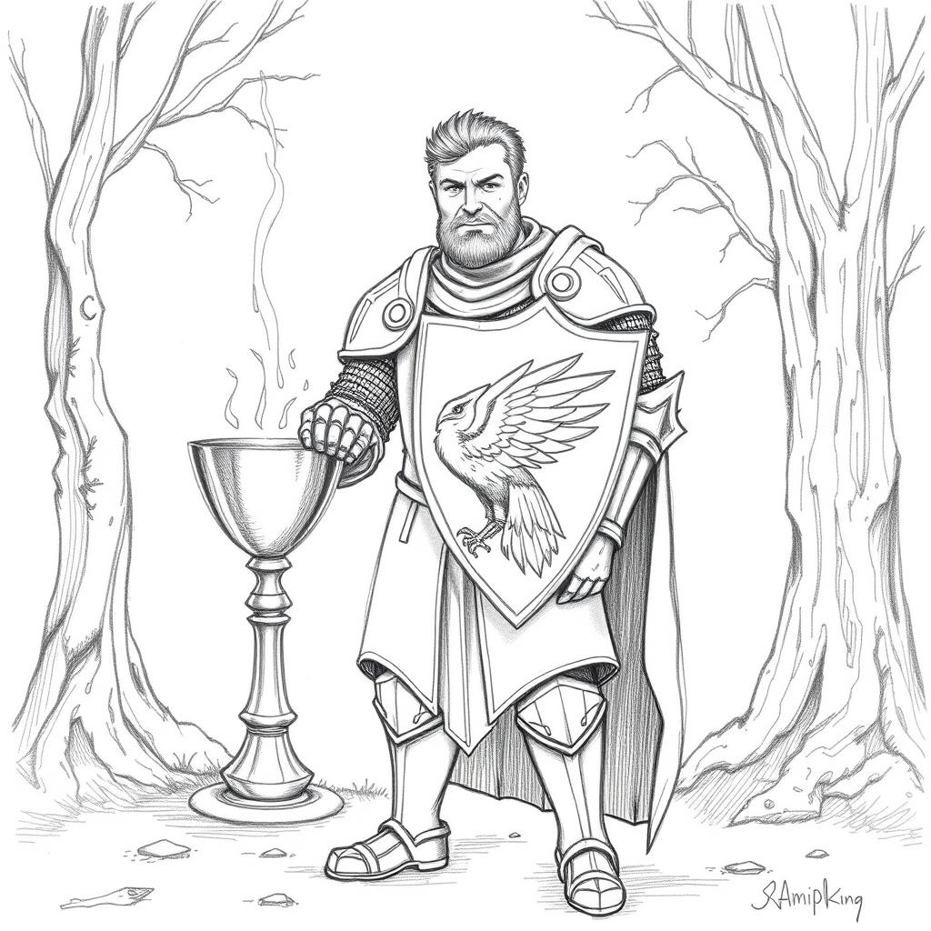 A pencil sketch illustration of a knight standing confidently before a magic chalice