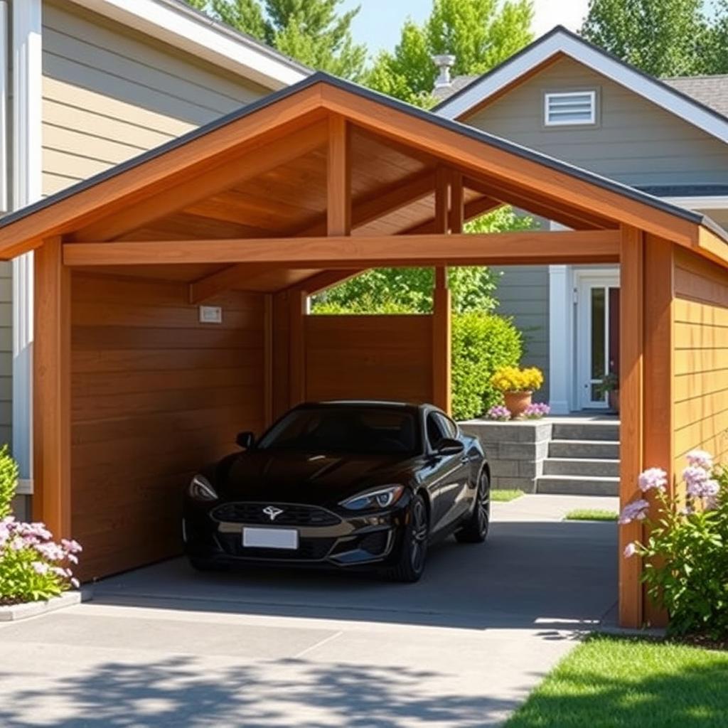 A modern residential shed-style parking area designed for 1-2 vehicles, featuring a stylish wooden structure with slanted metal roofing, surrounded by lush landscaping