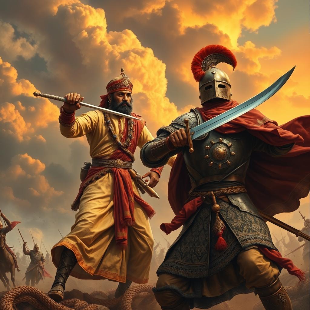 An intense historical scene depicting a Rajput king in traditional attire, standing bravely in combat against a Mughal warrior, rich in detailing with ornate armor and elaborate turbans