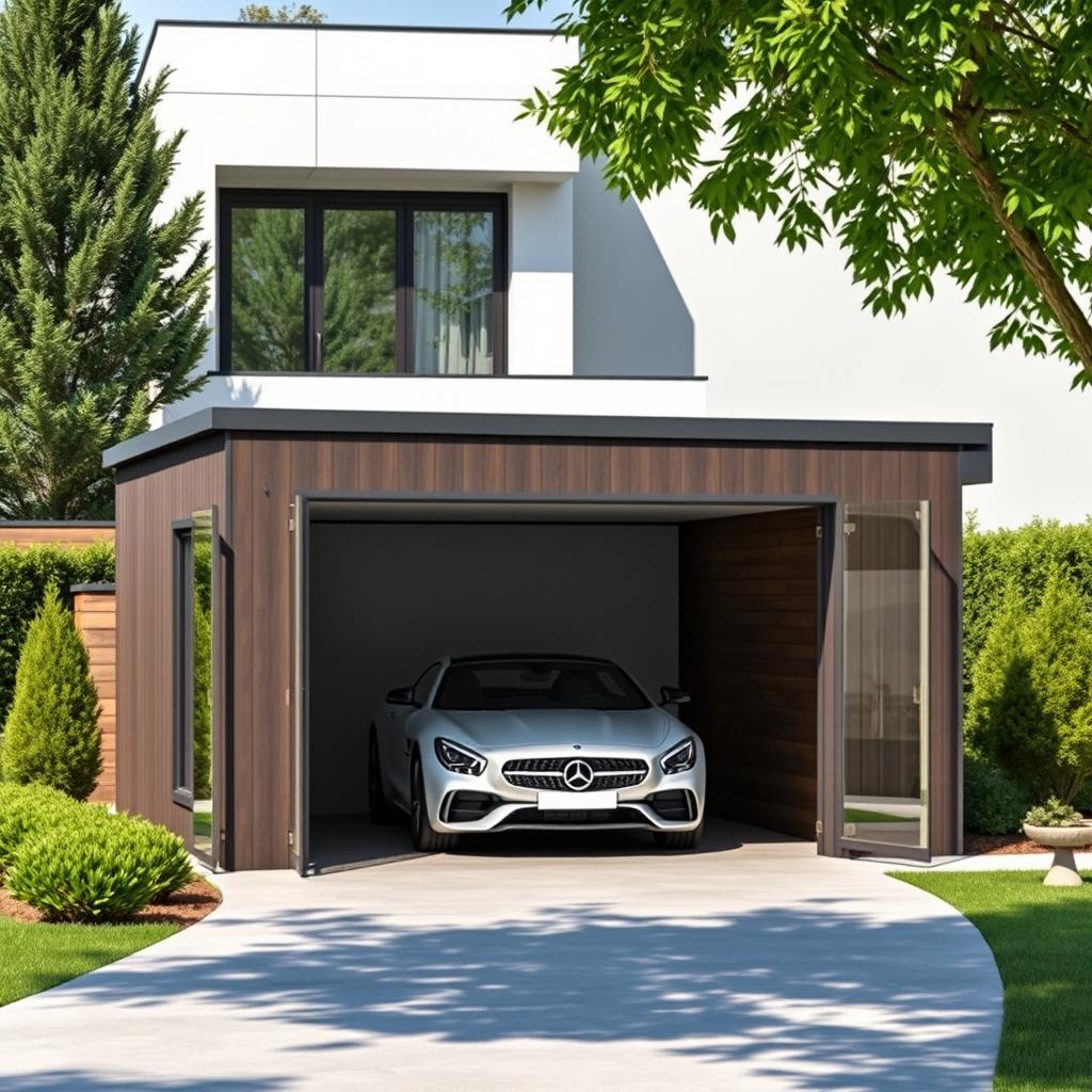 A modern residential parking shed designed to accommodate 1-2 vehicles