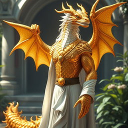A majestic draconic character for a fantasy RPG, featuring shimmering golden scales that reflect light in a captivating way
