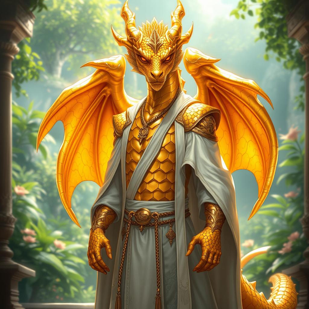 A majestic draconic character for a fantasy RPG, featuring shimmering golden scales that reflect light in a captivating way