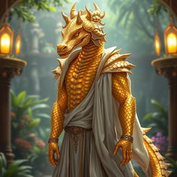 A majestic draconic character for a fantasy RPG, featuring shimmering golden scales that reflect light in a captivating way