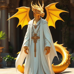 A majestic draconic character for a fantasy RPG, featuring shimmering golden scales that reflect light in a captivating way