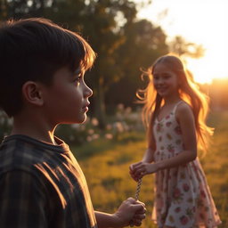 A poignant scene capturing 'The Look of Love' featuring a young boy gazing longingly at a girl who is holding another boy's hand