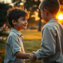 A poignant scene capturing 'The Look of Love' featuring a young boy gazing longingly at a girl who is holding another boy's hand