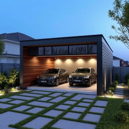 A modern residential shed designed for parking 1-2 vehicles, featuring a sleek architectural style
