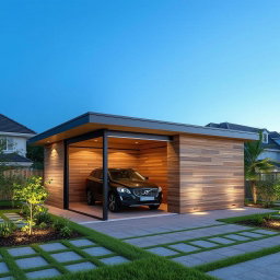 A modern residential shed designed for parking 1-2 vehicles, featuring a sleek architectural style