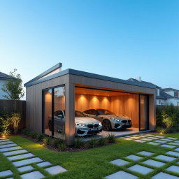A modern residential shed designed for parking 1-2 vehicles, featuring a sleek architectural style