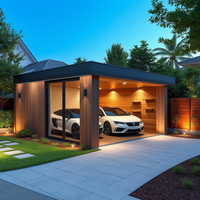 A modern residential shed designed for parking 1-2 vehicles, featuring a sleek architectural style