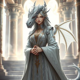 A graceful female draconate character for a fantasy RPG, featuring stunning silver scales that glimmer elegantly in the light