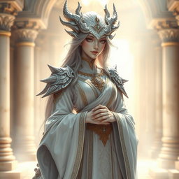 A graceful female draconate character for a fantasy RPG, featuring stunning silver scales that glimmer elegantly in the light