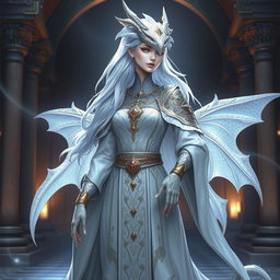 A graceful female draconate character for a fantasy RPG, featuring stunning silver scales that glimmer elegantly in the light