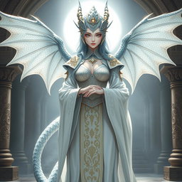 A graceful female draconate character for a fantasy RPG, featuring stunning silver scales that glimmer elegantly in the light