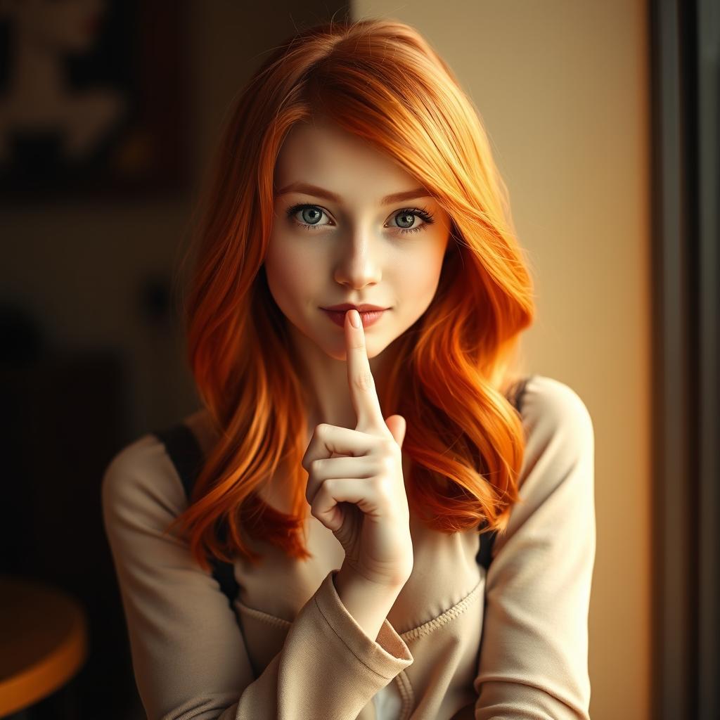 A stunning redhead girl with vibrant red hair, looking directly at the viewer, wearing a stylish outfit