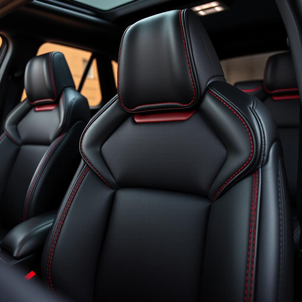 A luxurious black car seat featuring striking red stitching, showcasing an elegant design with a polished leather texture