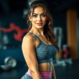 A gorgeous 35-year-old woman dressed in a trendy trainer outfit, looking directly at the camera with a playful and flirtatious expression in a sensual pose