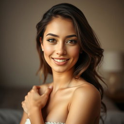 A beautiful 25-year-old woman, positioned front-facing and looking directly at the camera