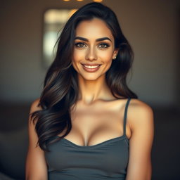 A beautiful 25-year-old woman, positioned front-facing and looking directly at the camera