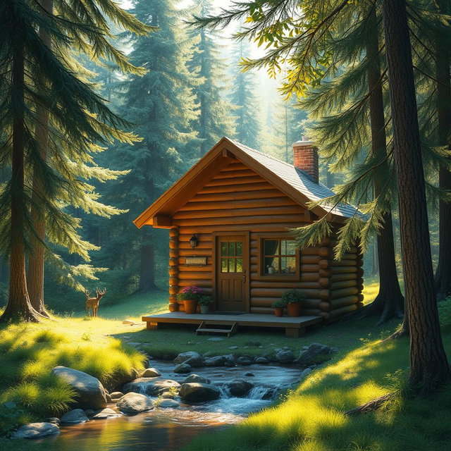 A charming small cabin nestled in a lush, tranquil forest, surrounded by tall evergreen trees and dappled sunlight filtering through the leaves