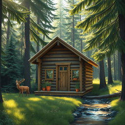 A charming small cabin nestled in a lush, tranquil forest, surrounded by tall evergreen trees and dappled sunlight filtering through the leaves