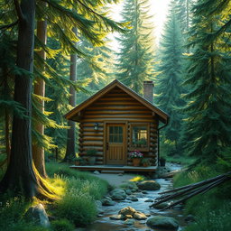 A charming small cabin nestled in a lush, tranquil forest, surrounded by tall evergreen trees and dappled sunlight filtering through the leaves