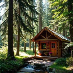 A charming small cabin nestled in a lush, tranquil forest, surrounded by tall evergreen trees and dappled sunlight filtering through the leaves