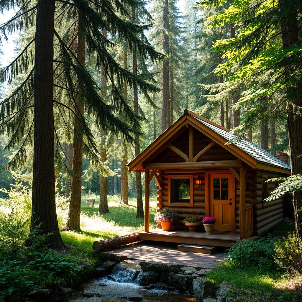 A charming small cabin nestled in a lush, tranquil forest, surrounded by tall evergreen trees and dappled sunlight filtering through the leaves