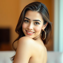 A beautiful 25-year-old woman, positioned front-facing and looking directly at the camera