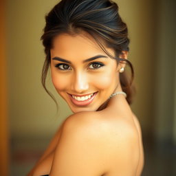 A beautiful 25-year-old woman, positioned front-facing and looking directly at the camera