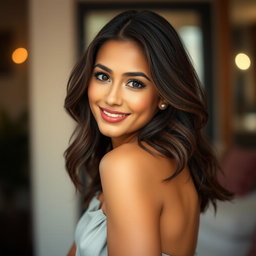 A beautiful 25-year-old woman, positioned front-facing and looking directly at the camera