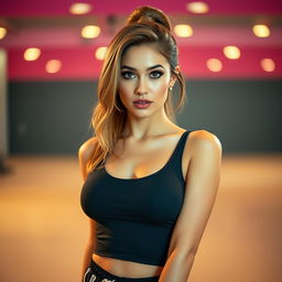 A beautiful 35-year-old woman dressed in a stylish trainer outfit, looking directly at the camera with a flirtatious and alluring expression in a sensual pose