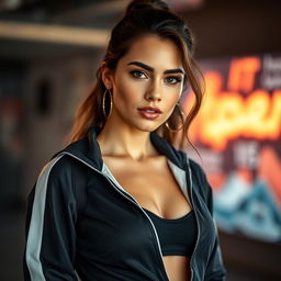A beautiful 35-year-old woman dressed in a stylish trainer outfit, looking directly at the camera with a flirtatious and alluring expression in a sensual pose